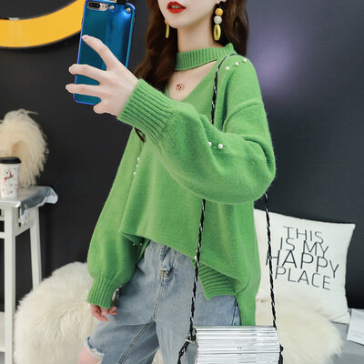 

Female Fashion Chic Round Neck Long Sleeve Knit Pullover Sweaters Women Loose Casual Solid Color Hollow Beading Sweater
