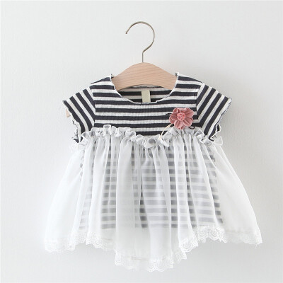 

Children Summer Girls Fashion Lovely Dress Cute Stripe Print Mesh Stitching Bottoming Short Sleeved Sweet Princess Dress