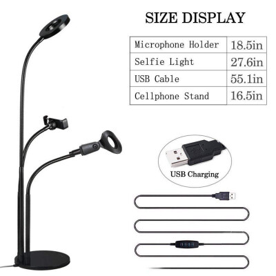 

For Live Stream Videos Aluminum Alloy 3 in 1 Phone Mic Stand With 3 Light Color Selfie Ring Light Gooseneck Microphone Holder