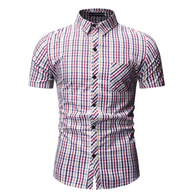 

Tailored Mens Summer Plaid Stripe Pocket Slim Fit Short Sleeve Top Shirt Blouse