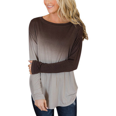 

Women Autumn T-Shirt Round Collar Gradient Print Long Sleeved Casual Loose Shirt Wild Tops