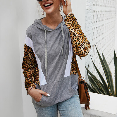 

Fashion Womens Fashion Casual All-match Autumn Winter Warm Leopard Pattern Stitching Hooded Sweatershirt Hoody