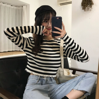 

Harajuku T Shirt Women Autumn Loose Round Collar Tshirt Autumn Stripes Print Loose Long Sleeve Casual Simple Wild T-Shirt Tops
