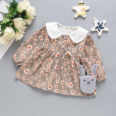 

Autumn Casual Baby Girls Long Sleeve Floral Print Dress Kids Sundress With Cute Rabbit Bags