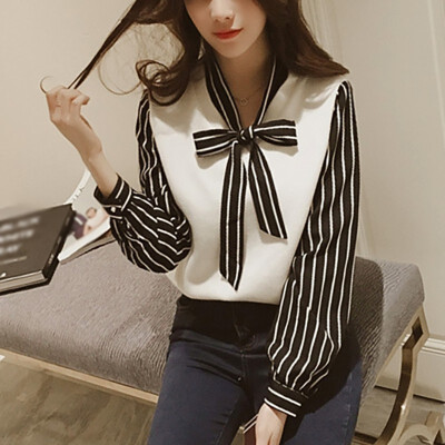 

Black White Striped Blouse Womens Tops And Blouses Long Sleeves Women Blusas 2018 Autumn V-Neck Blouse Patchwork Knitted Shirt