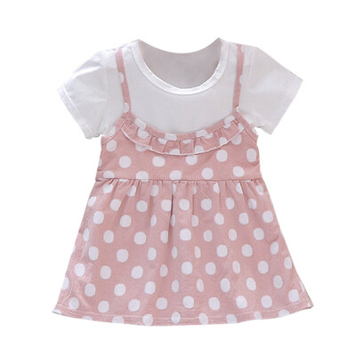 

Summer Baby Girl Short Sleeve Fake 2 Piece Dot Print Cotton Princess Dress Sundress