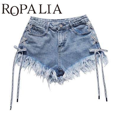 

Ropalia New Arrival Denim Shorts With Holes Summer Beach Women Denim Shorts With High Waist Torn Fashion Sexy