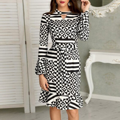 

Dress Female Square Print Personality Charming Trumpet Sleeves Slim Pleated Style Casual Wild Comfortable Breathable Long Sleeves