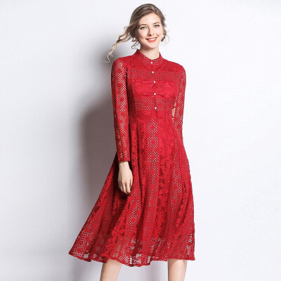 

S M L XL XXL elegant new spring 2019 long lace dress women long sleeve red blue vintage slim A line mid calf lady