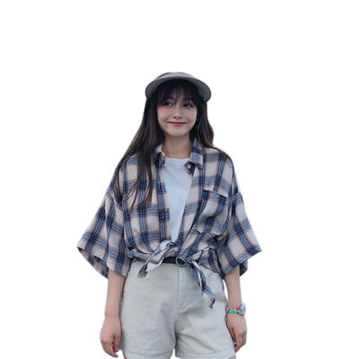 

Retro Plaid Print Autumn Blouse Women Half Sleeve Lapel Single Buckle blusas mujer de moda 2019 Shirts Slim Casual Blouse