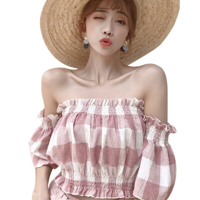 

Women Sexy Off Shoulder Top Half Sleeve Pullover Casual Blouse Fashion Flare Sleeve Plaid Chiffon Blouse Crop Top Feamle