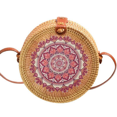 

Fashion Exquisite National Style Handmade Rattan Woven Crossbody Bag Print Pattern Womens Messenger Bag