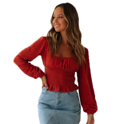 

Korean Sexy Slim Vintage Square Collar Long Sleeve Women Tops Fashion Trend Slim Solid Ruffled T-Shirt Women camiseta mujer