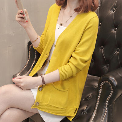 

Womens Sweater Korean V-Neck Autumn Winter Sweater Full Sleeve Single-breasted Short Loose Sweater Solid Color Knit Cardigan