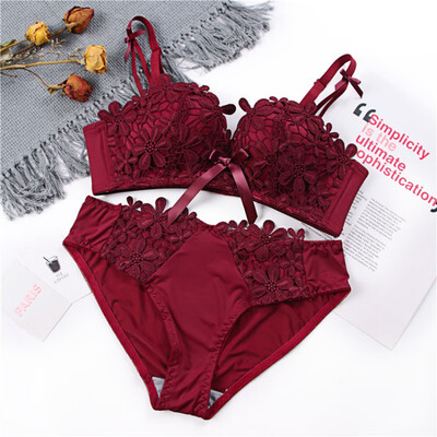

Women Lace Oriental Cherry Bra Sets Sexy Padded Push Up Lace Bras Cotton Crotch Low Waist Lace Panties Suits