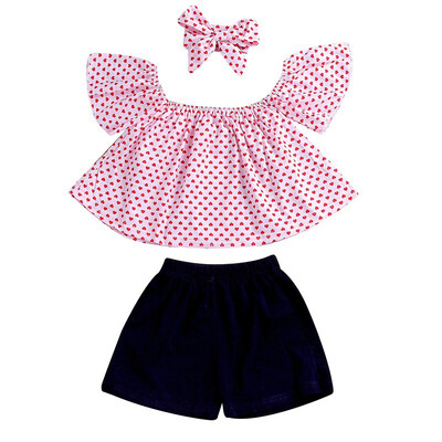 

Toddler Kids Baby Girl Clothes Off Shoulder Dot Tops Plaid Shorts Bow Headwead Outfits Clothes Set Newborn Baby Clothing