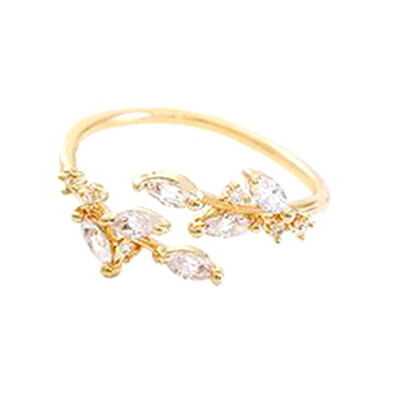 

New Women Fashion Tail Ring Zircon Leaves Open Ring 925 Silver Adjustable Ring