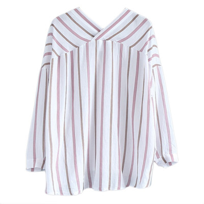 

WEIXINBUY Women AutumnSpring Simple Fashion Casual Loose Blouses Long Sleeve V-Neck Striped Shirt Lady blusas Tops
