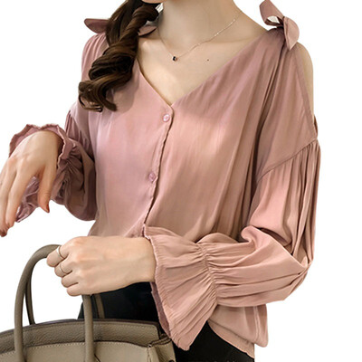

Women Flare Sleeve Blouse Solid Color V Neck Long Sleeve Cut Out Bow Off-shoulder Tops Female Autumn Elegant Shirt