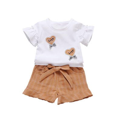 

2019 Hot sales childrens suit white shirt cartoon love print pattern solid color shorts girl set for 0-4T