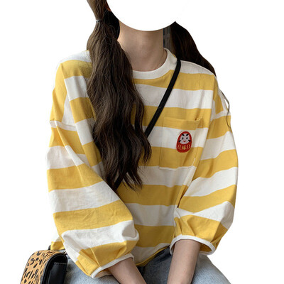 

Women Lantern Sleeve Wild T-Shirt Round Collar Summer Stripes Print Loose Casual Simple Lemon Yellow