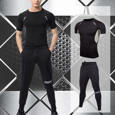 

Toponeto Mens Elastic Fitness T-shirt Fast Drying Tops Long Pants Sports Tight Suit