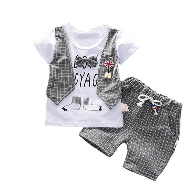 

summer Baby clothes for boys fake 3pcs cartoon plaid short sleeve shorts&casual pants suit
