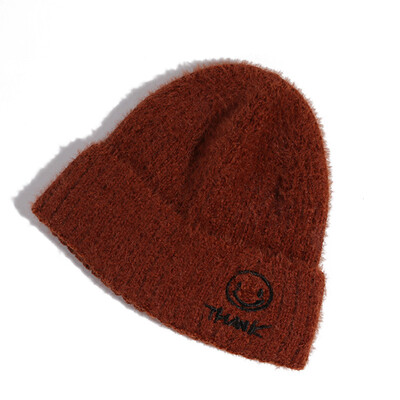

Lady Redwood Hat Smiling Face Embroidered Wool Hat Student Lovely Mink-like Wool Knitted Hat Daily Headgear in Autumn&Winter