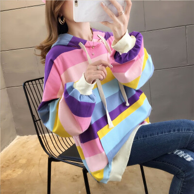 

Lady Fashion LovelyHarajuku Rainbow Stripe Hoodies Sweatshirt Loose Korean Style Kawaii Warm Autumn Pullover Hooded Clothing