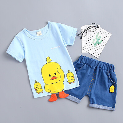 

2PcsSet Summer Children Baby Boys Casual Cotton Short Sleeve Cartoon Duck Print T-shirt TopsDenim Shorts Costume Set