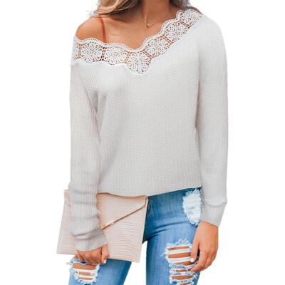 

Autumn Women Blouses V-neck Off Shoulder Lace Solid Color Long Sleeve Tops