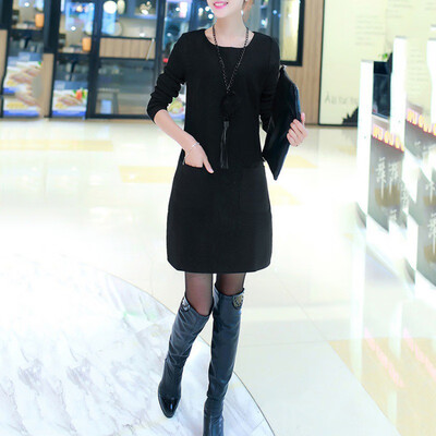 

Women Autumn Winter Dress Thicken Velvet Long Sleeve Female O-Neck Korean Stiching Colors Plus Size Vestidos 3 Colors