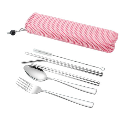 

6pcsSet Portable Stainless Steel Chopsticks Fork Spoon Tableware Set Drinking Straw With Box For Travel Cutlery Set
