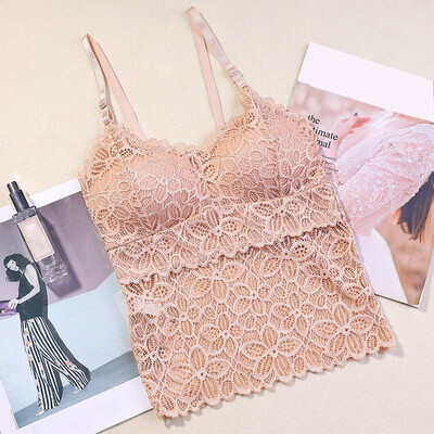

Sexy V-neck Beauty Back Adjustable Shoulder Strap Detachable Chest Pad Vest Lace Patchwork Solid Tank Camis Tops Female