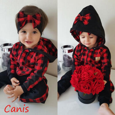 

US Newborn Kids Baby Girl Plaid Hooded Coat Tops Long Pants 3PCS Outfits Clothes