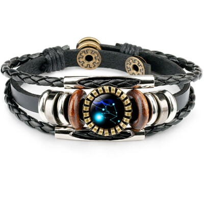 

Retro Leather Rope Twelve Constellations Time Gem Weaving Bracelet Fashion Wild Men Women Accessories
