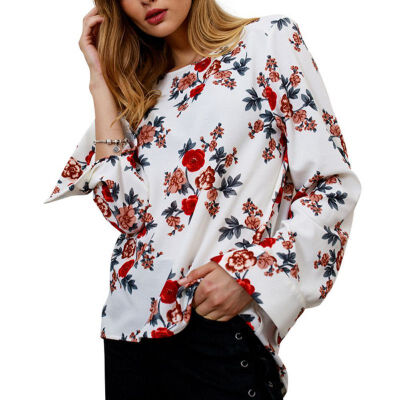 

Women Casual Floral Long Sleeve Blouse Chiffon Shirt blouse shirt women Zipper O-neck blusas chemise femme