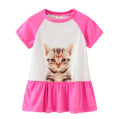 

Summer Casual Baby Girls Short Sleeve Animal Cat Pattern Dress Kids Toddler Princess Sundress