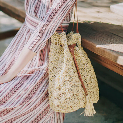 

Women Beach Knitting Straw Handbag Solid String Mini Bucket Bag Summer Casual Holiday Sweet Bag