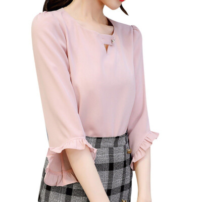 

ROPALIA Spring Summer New Women Ruffles Sleeved Chiffon Blouse Pearl Korean Fashion Solid Slim Female Lady Shirts tops