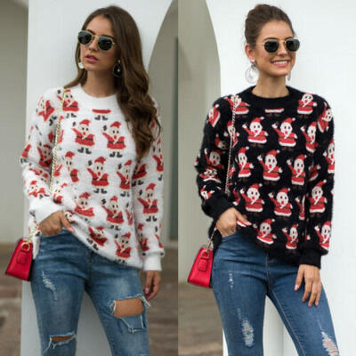 

US Womens Santa Crew Neck Long Sleeve Sweater Loose Knit Pullover Jumper Tops
