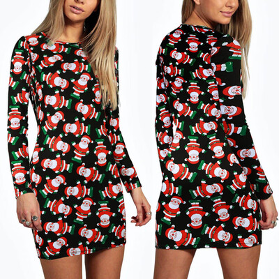 

Tailored Fashion Merry Christmas Santa Claus Print Xmas Long Sleeve O-Neck Mini Dress