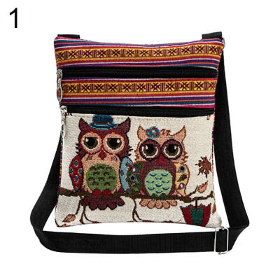 

Colorful Linen Cartoon Owl Embroidery Shoulder Bag Zipper Women Crossbody Pouch