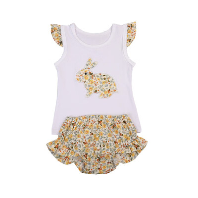 

Baby Children Girls Sets White Bunny Patch Embroidered Floral Flying Sleeve T-ShirtFloral Shorts Pants Two Pieces Sutis