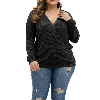 

Gobestart Plus Size Women V-Neck Long Sleeve Solid Wrap Deep Cross Pullover Blouse Tops