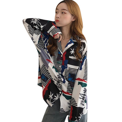 

Women Loose Lapel Shirt Casual Blouses Fashion Printed Long-sleeved Shirt Female Blosues