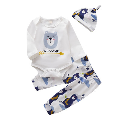 

Spring Autumn Baby Boy Romper Sets Cartoon Bear Printing Rompers And Print Trousers And Hat Kids Three-piece Outfit Set