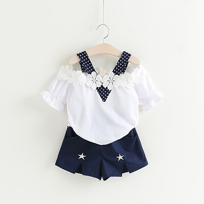

Baby Girl Clothing Set White Flower Shoulder Strapless T-shirt Pentagram Blue Shorts Set Casual Sweet Princess Girl Set