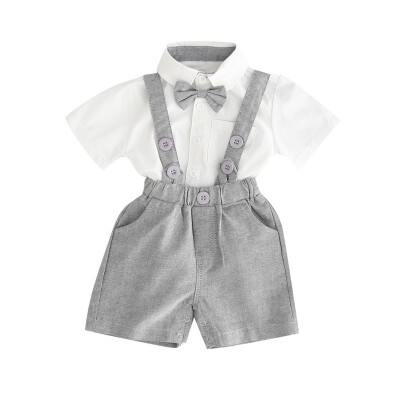 

6M-4T Summer Children Baby Boys Casual Short Sleeve Solid Print Shirt Tops With BowknotStrap Shorts Costume Set