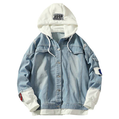 

Couples Coat Autumn New Slim Fashion Hooded Denim Jacket MenS Casual Jacket Coat Fake Two Pieces